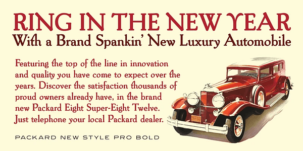 Card displaying Packard New Style typeface in various styles