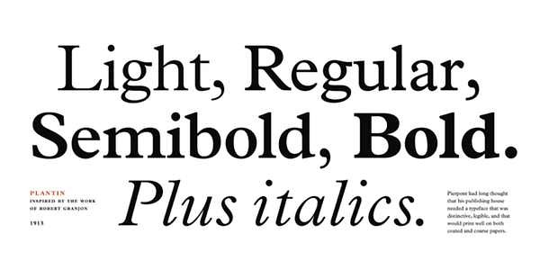 Card displaying Plantin typeface in various styles