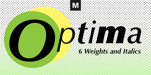 Card displaying Optima typeface in various styles