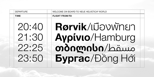 Card displaying Helvetica Neue World typeface in various styles