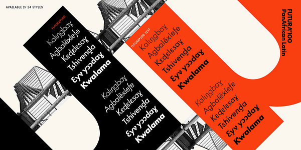 Card displaying Futura®100 Latin Extended typeface in various styles