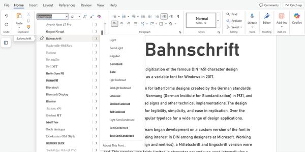 Card displaying Bahnschrift typeface in various styles