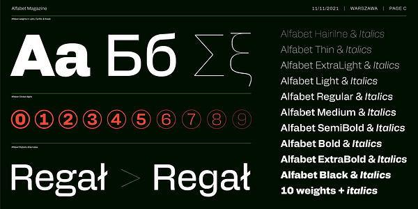 Card displaying Alfabet typeface in various styles