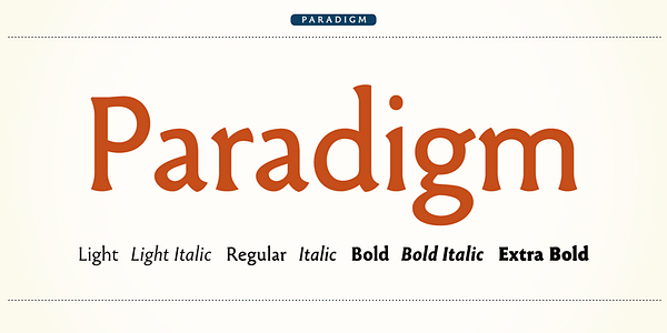 Card displaying Paradigm Pro typeface in various styles