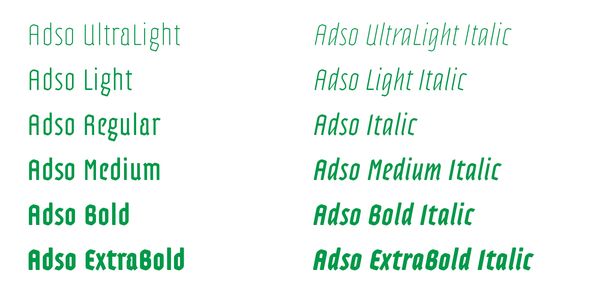 Card displaying Adso typeface in various styles