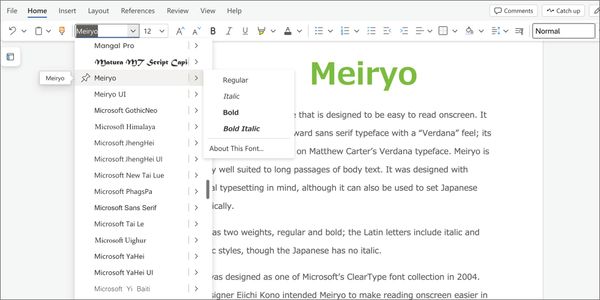 Card displaying Meiryo typeface in various styles