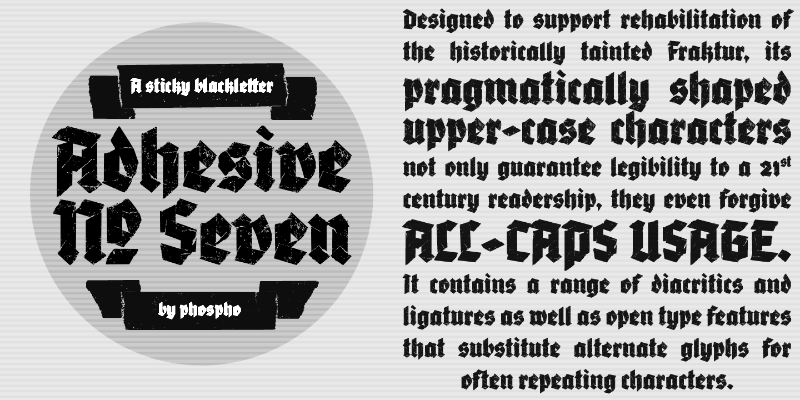 Card displaying Adhesive Nr. Seven typeface in various styles