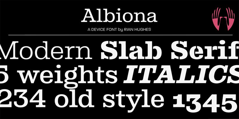 Card displaying Albiona typeface in various styles