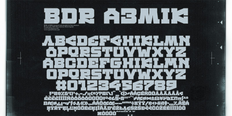 Card displaying BDR A3MIK typeface in various styles