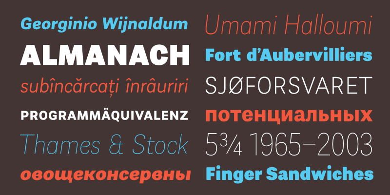 Card displaying Almanach typeface in various styles