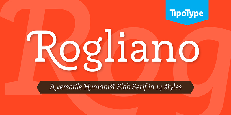 Card displaying Rogliano typeface in various styles