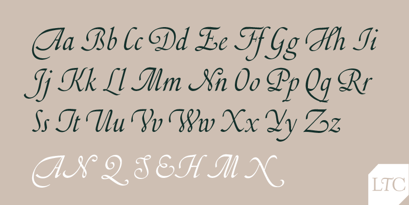 Card displaying LTC Artscript Pro typeface in various styles
