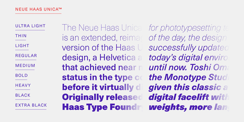 Card displaying Neue Haas Unica typeface in various styles