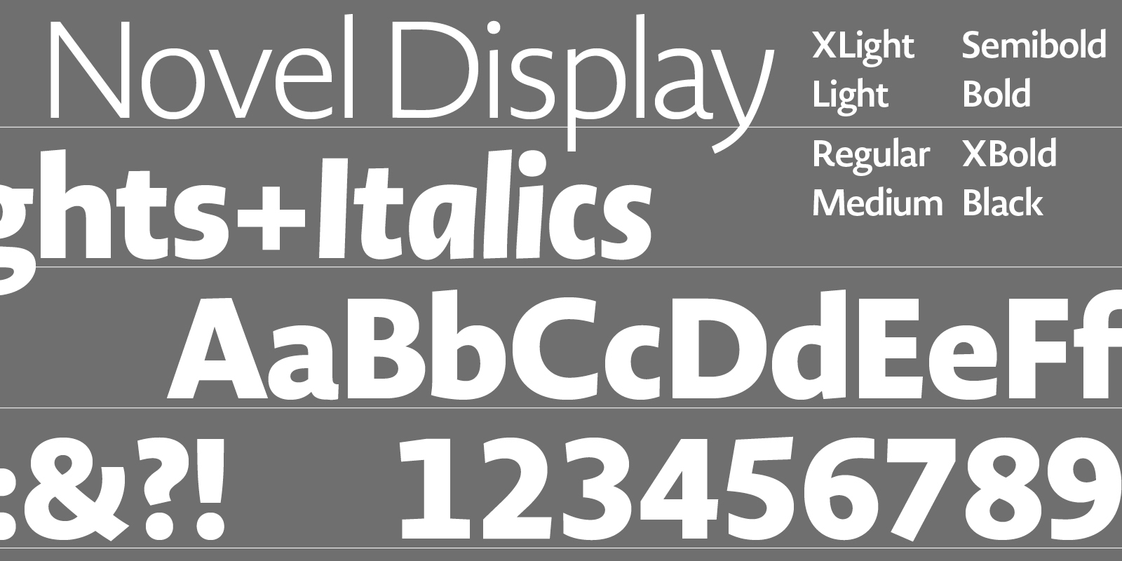Card displaying Novel Display typeface in various styles
