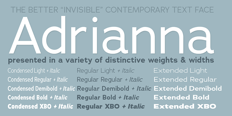 Card displaying Adrianna typeface in various styles