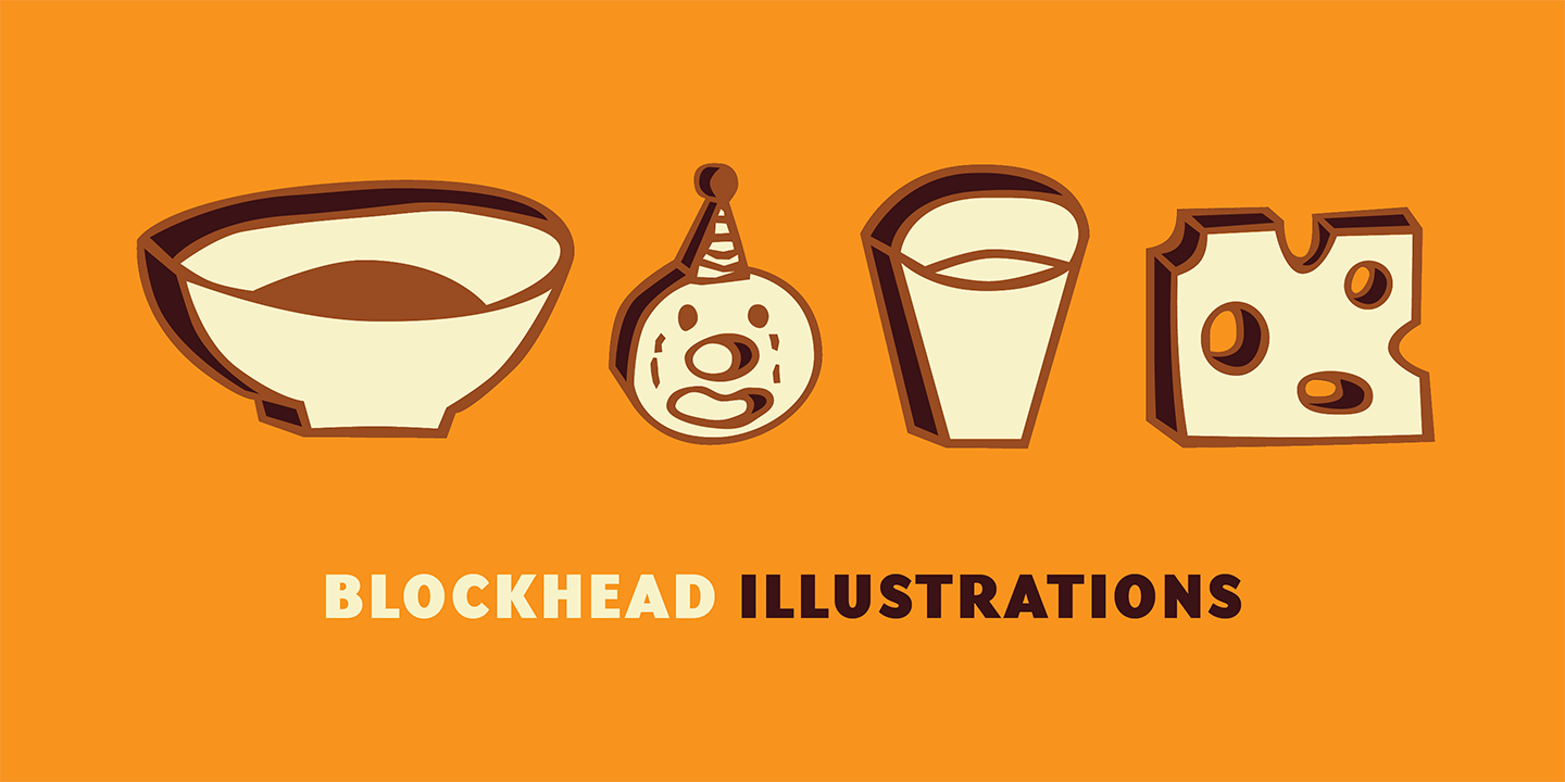 Card displaying Blockhead Illustrations typeface in various styles