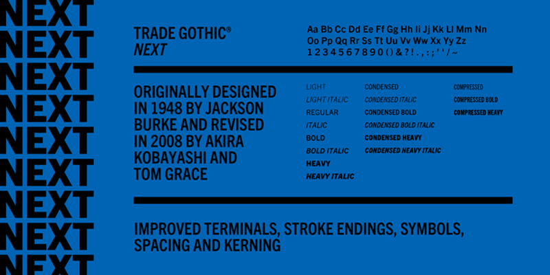 Card displaying Trade Gothic Next typeface in various styles