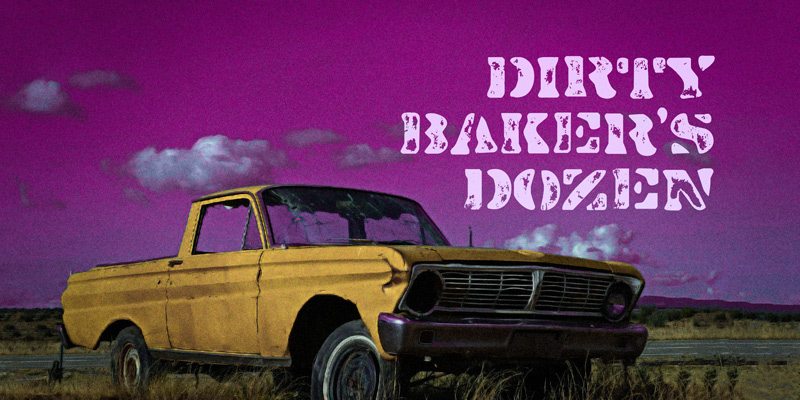 Card displaying Dirty Baker's Dozen typeface in various styles