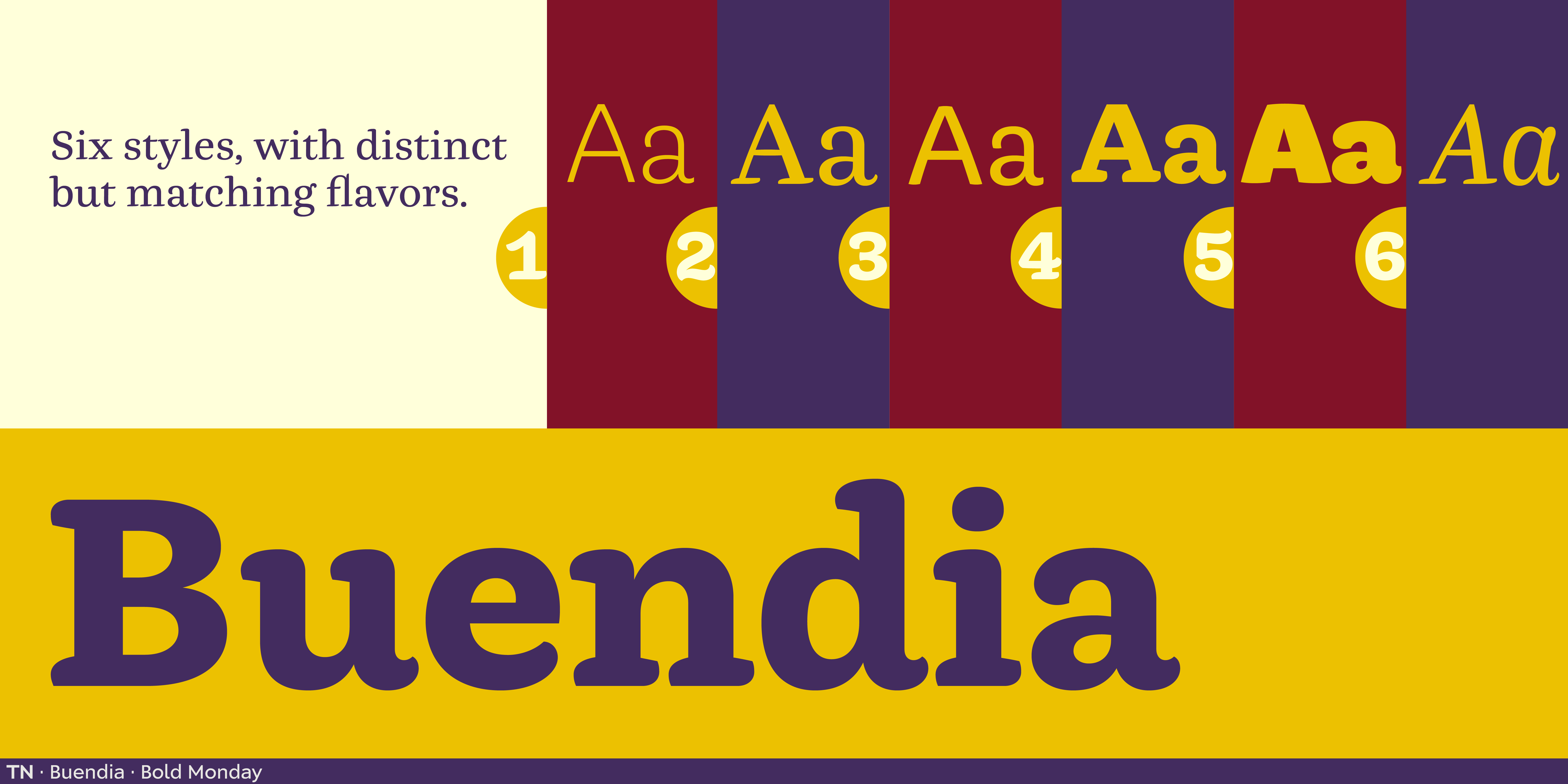 Card displaying Buendia typeface in various styles