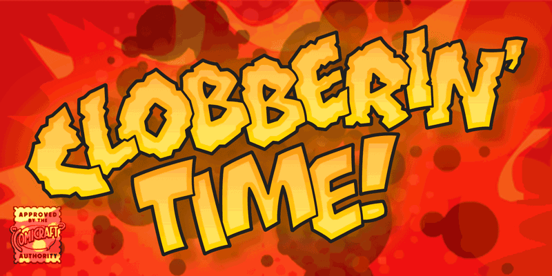 Card displaying CC Clobberin Time typeface in various styles