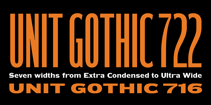 Card displaying HWT Unit Gothic typeface in various styles