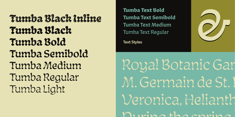 Card displaying Tumba typeface in various styles
