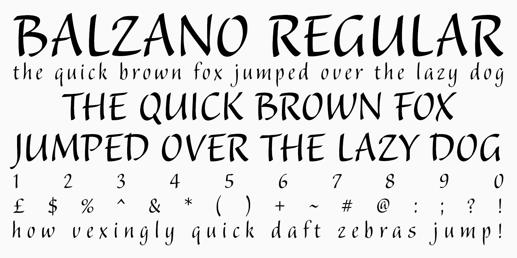 Card displaying Balzano typeface in various styles