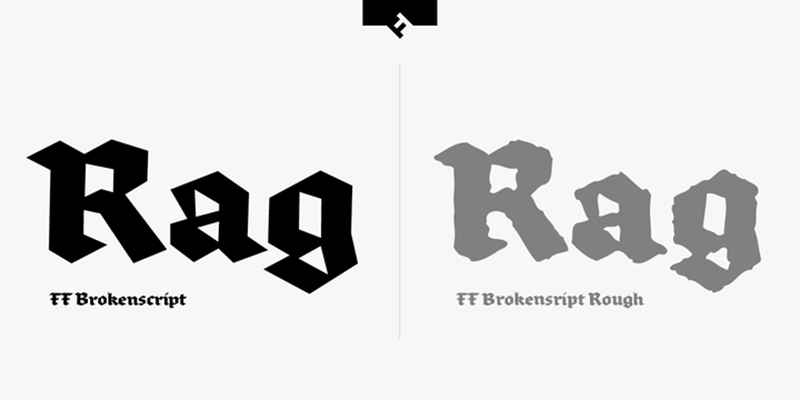 Card displaying FF Brokenscript typeface in various styles