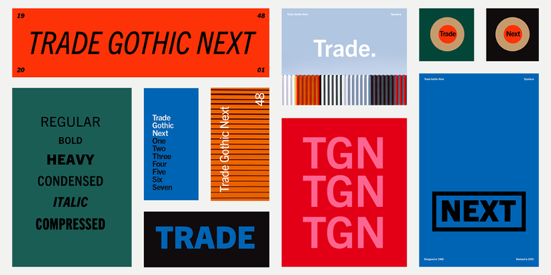 Card displaying Trade Gothic Next typeface in various styles