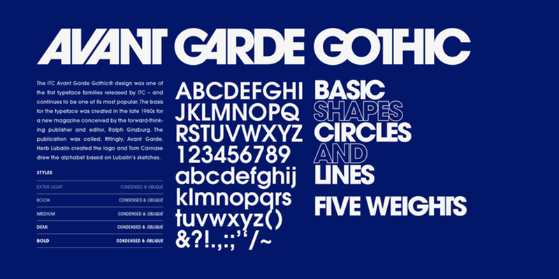 Card displaying ITC Avant Garde Gothic typeface in various styles