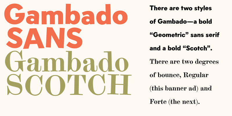 Card displaying Gambado typeface in various styles