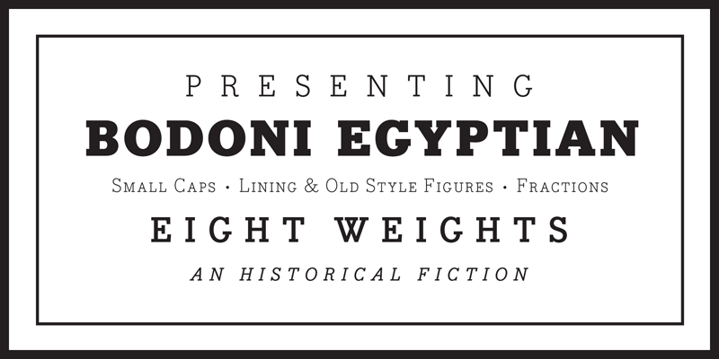 Card displaying Bodoni Egyptian Pro typeface in various styles