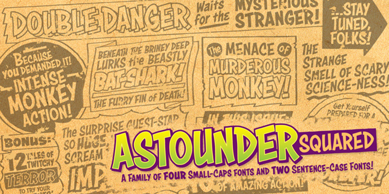 Card displaying Astounder Squared BB typeface in various styles