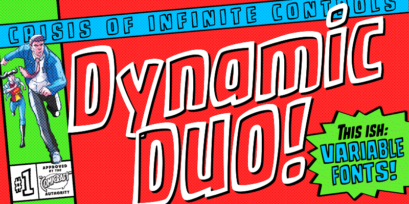 Card displaying CC Dynamic Duo Open Variable typeface in various styles