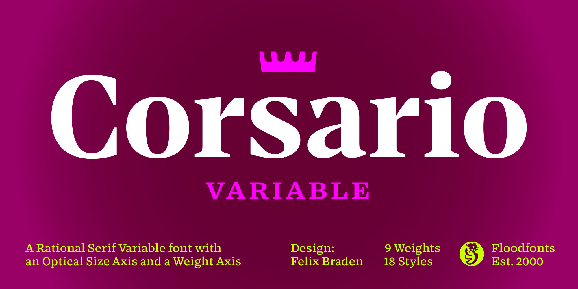 Card displaying Corsario Variable typeface in various styles