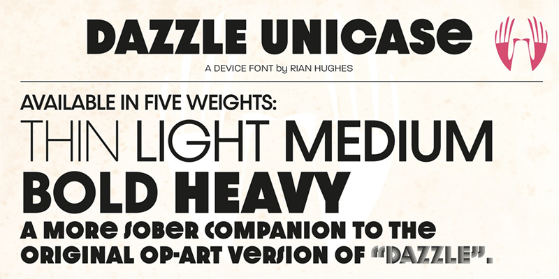 Card displaying Dazzle Unicase typeface in various styles