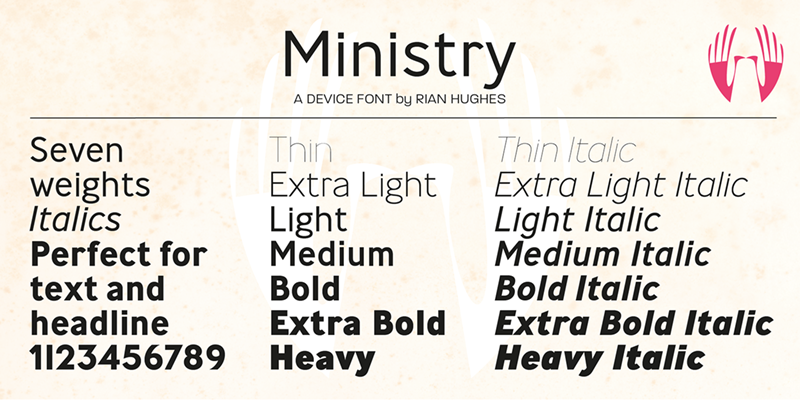 Card displaying Ministry typeface in various styles