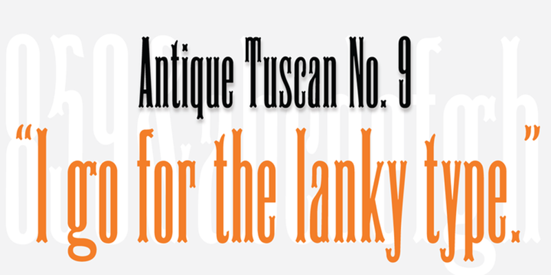 Card displaying HWT Antique Tuscan 9 typeface in various styles