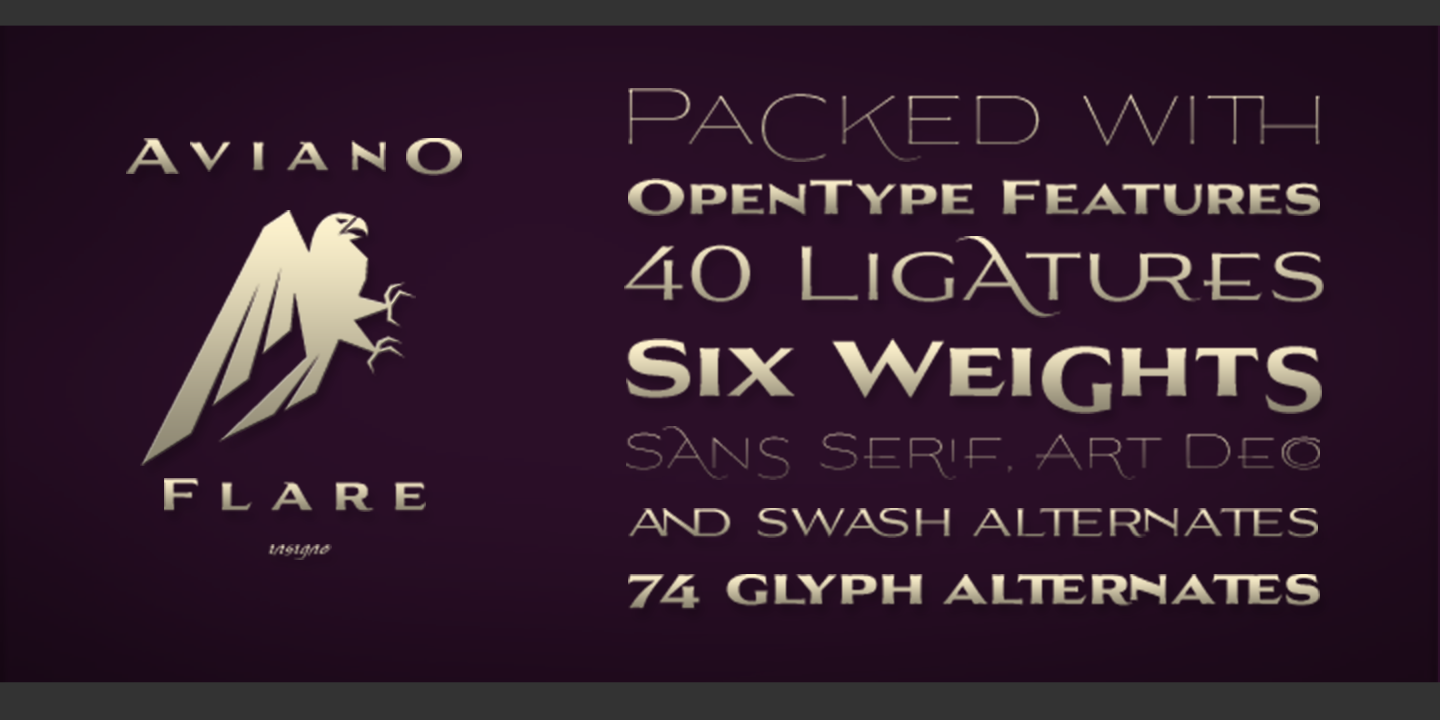 Card displaying Aviano Flare typeface in various styles