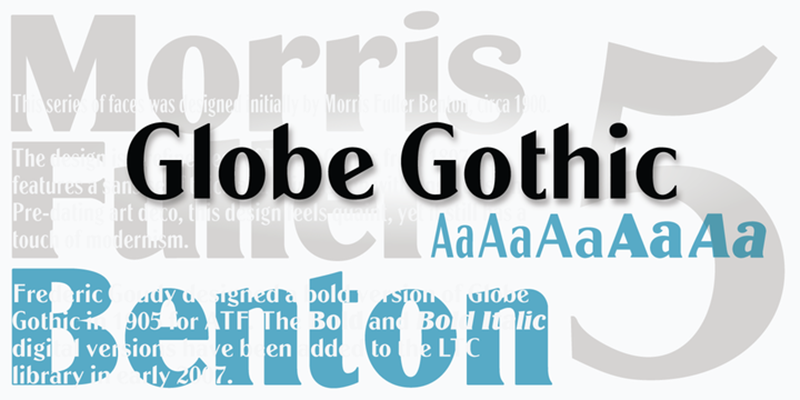 Card displaying LTC Globe Gothic typeface in various styles