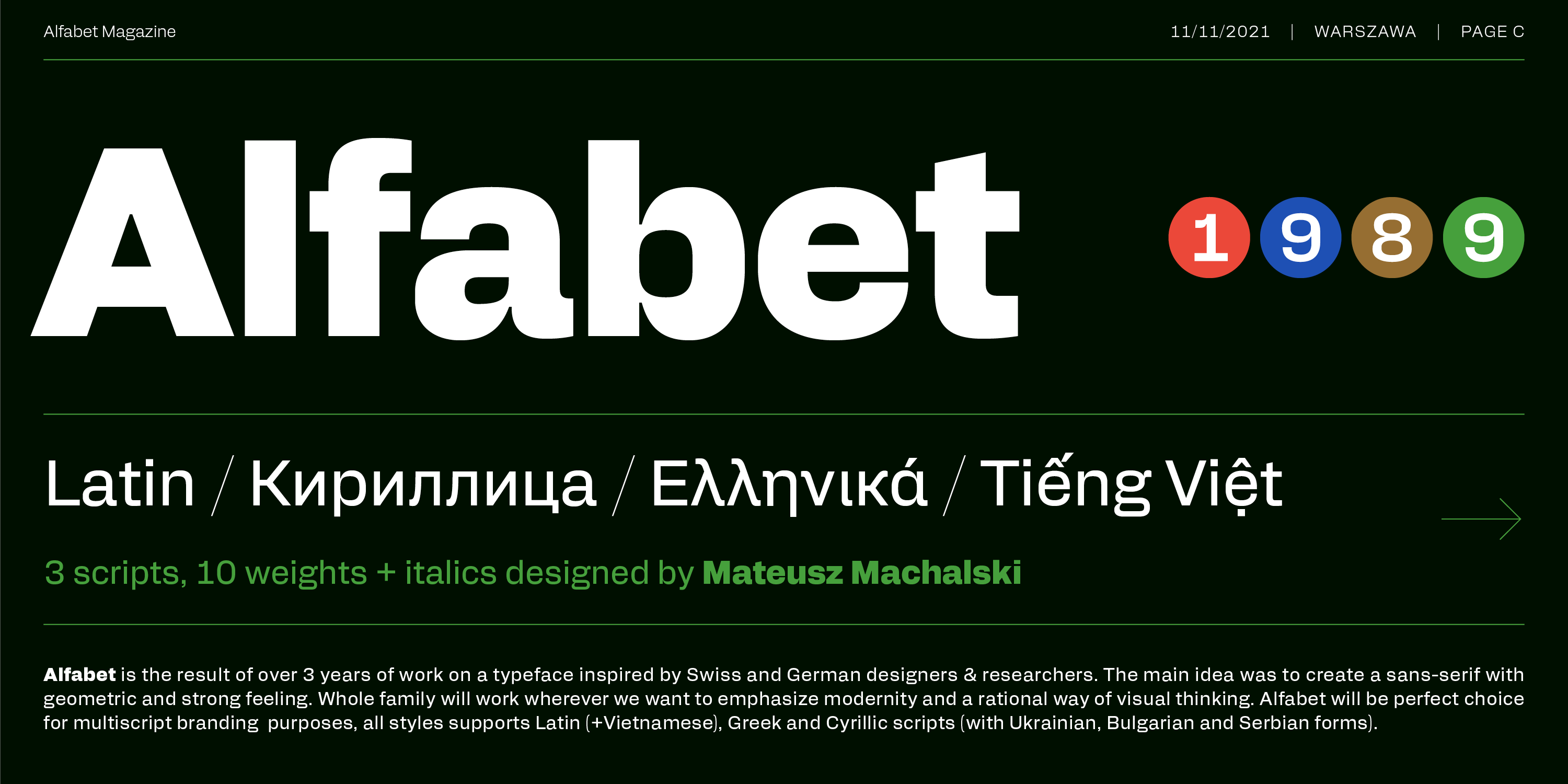 Card displaying Alfabet typeface in various styles