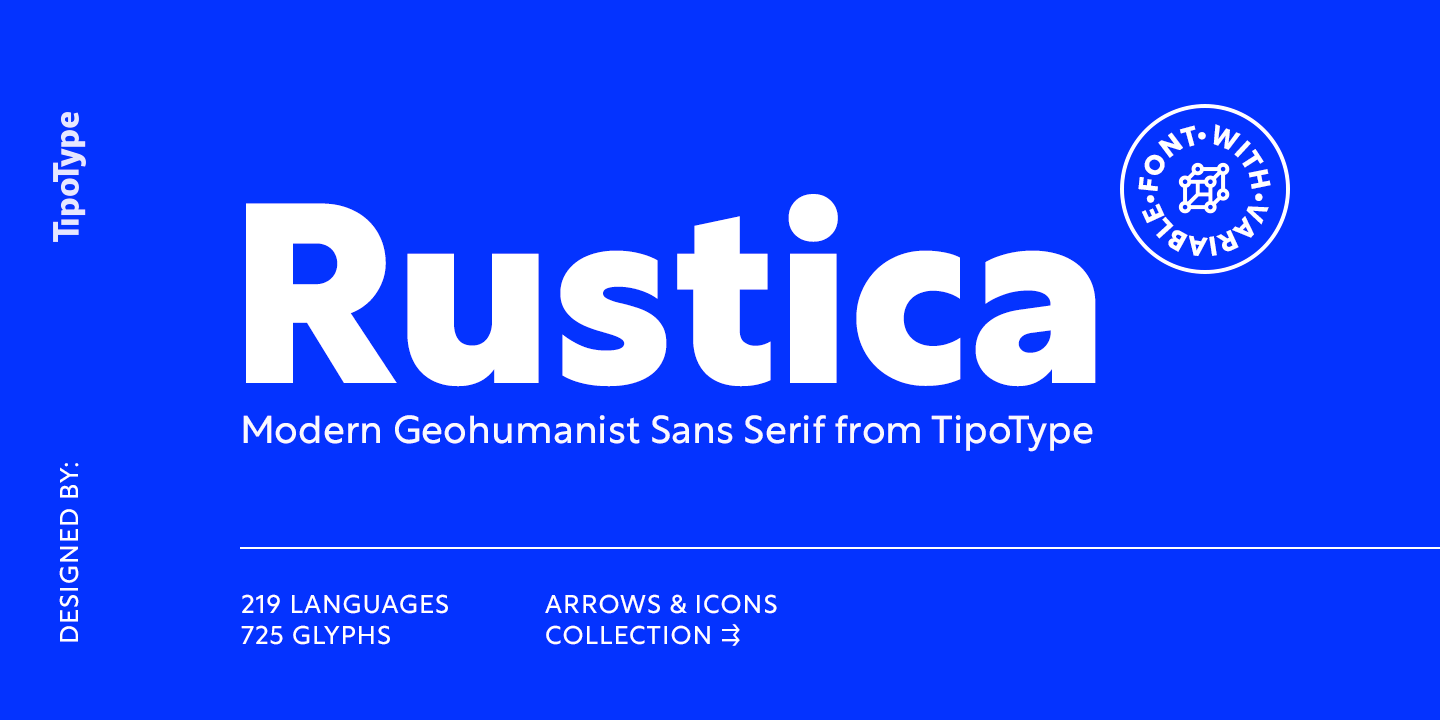 Card displaying Rustica typeface in various styles