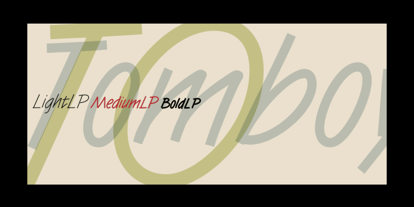 Card displaying Tomboy LP typeface in various styles