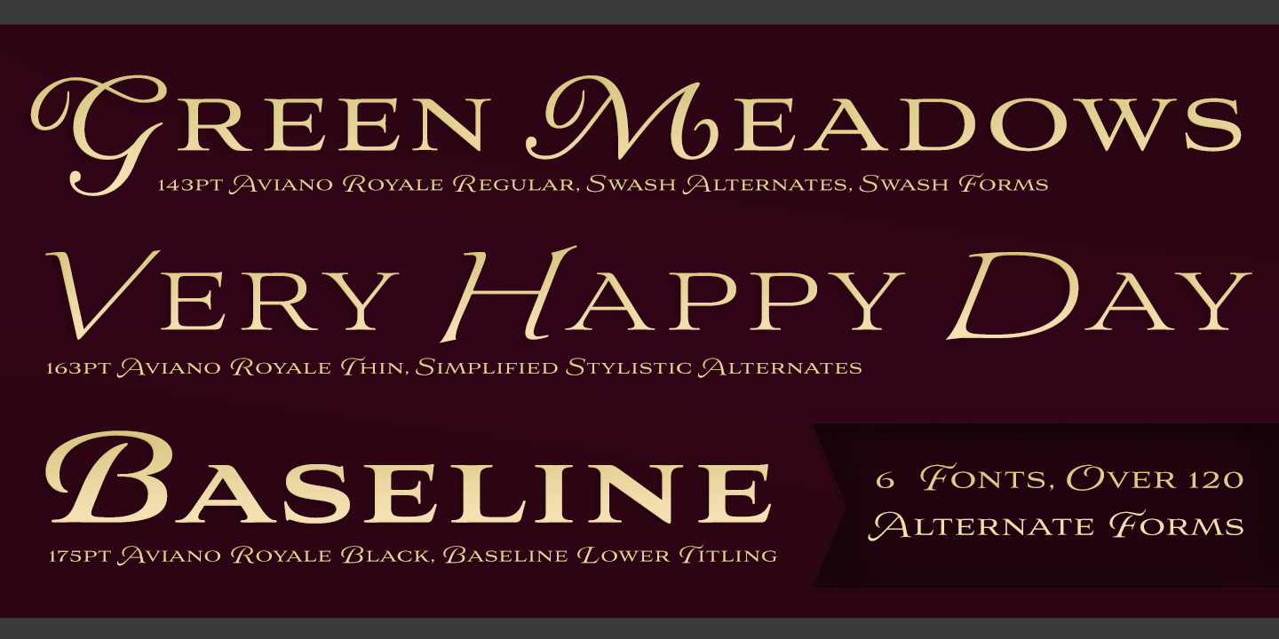 Card displaying Aviano Royale typeface in various styles