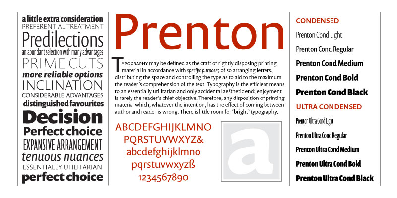 Card displaying Prenton typeface in various styles