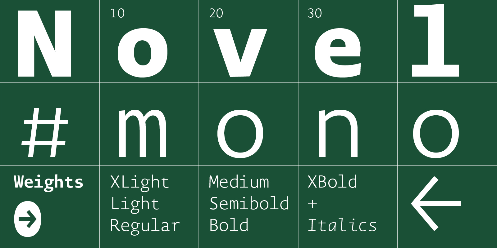 Card displaying Novel Mono typeface in various styles