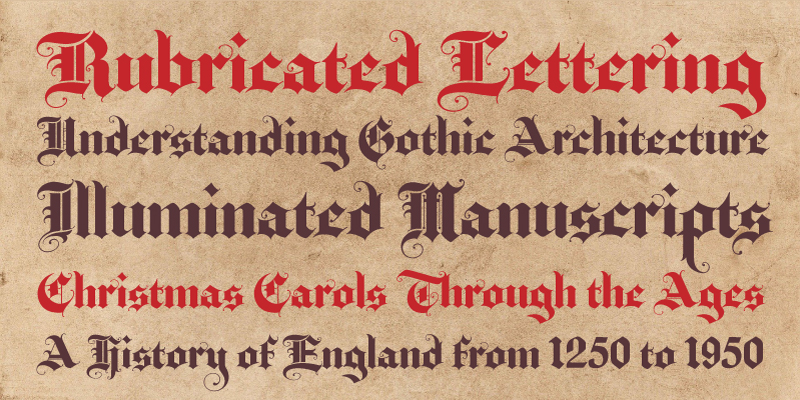 Card displaying Baroque Text JF typeface in various styles