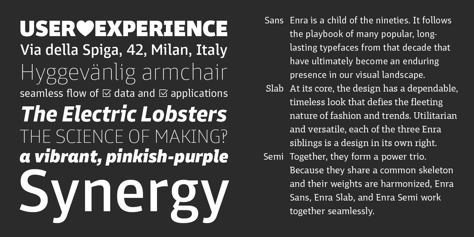 Card displaying Enra Sans Variable typeface in various styles