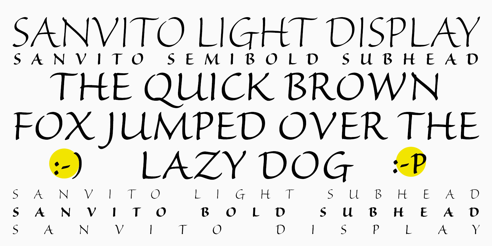 Card displaying Sanvito typeface in various styles
