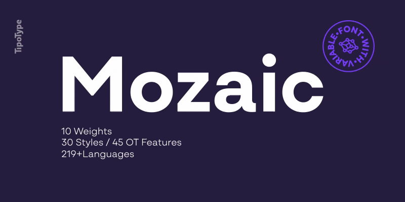 Card displaying Mozaic Variable typeface in various styles